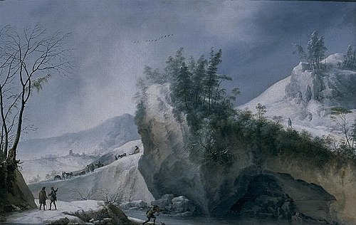 Paysage de neige avec rochers et voyageurs, 1750, Francesco Foschi
