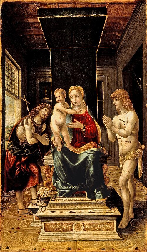 Thronende Madonna mit Johannes dem Täufer und Sebastian, 1492, Francesco Napoletano