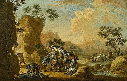 Brigands Ambushing Riders in a River Landscape, , Francesco Simonini
