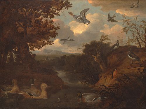 Ducks and Other Birds about a Stream in an Italianate Landscape, 1671, Francis Barlow