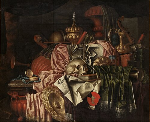 Vanitas still life with a skull, silver-gilt tableware and musical instruments on a marble table, 1672, Franciscus Gysbrechts