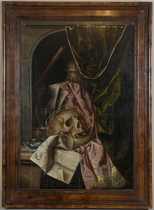 Tromple l'oeil vanitas still life with a skull, a hunting horn and other objects in a niche, 1675, Franciscus Gysbrechts