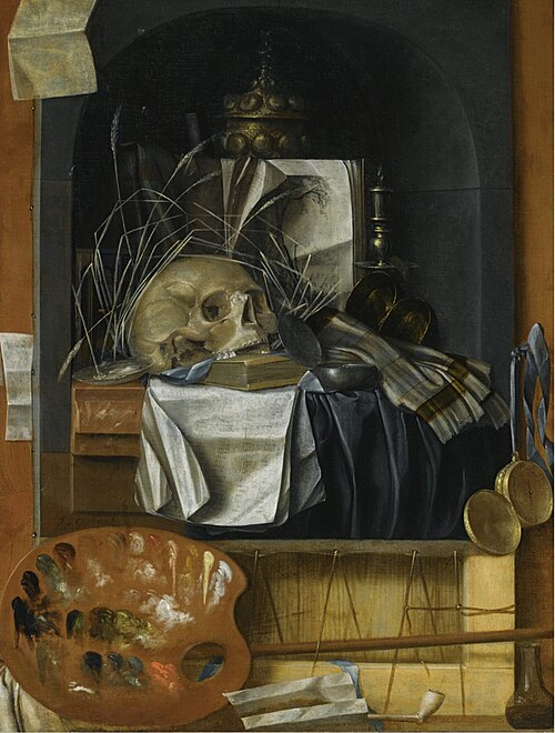 Trompe l'oeil of a vanitas still life with a watch, smoking- and painters materials, 1675, Franciscus Gysbrechts