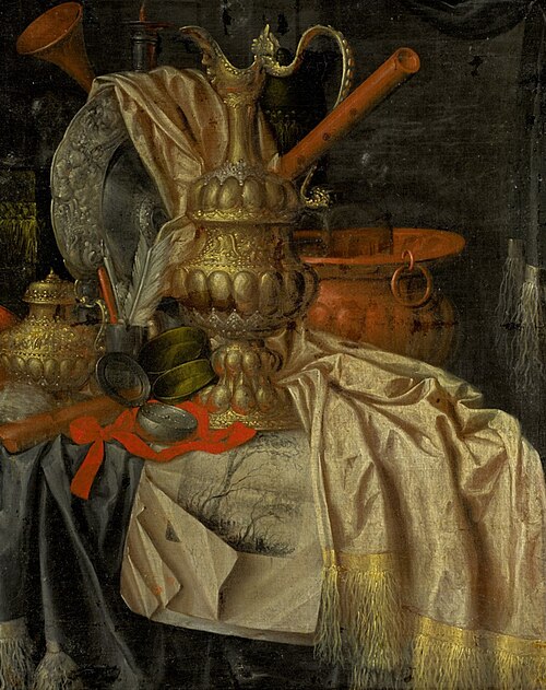 Still life of precious vessels and writing materials on a silk tablecloth, 1675, Franciscus Gysbrechts