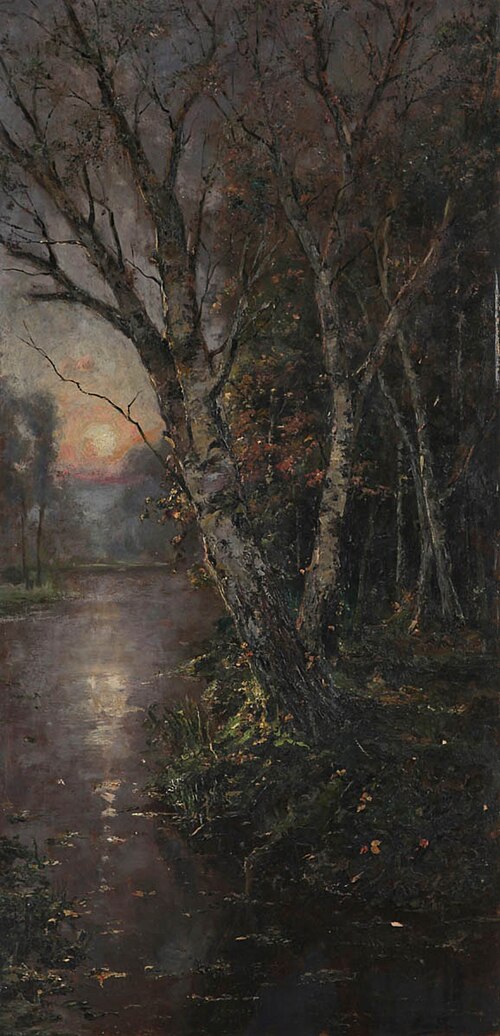 Forest view with water feature at sunset, 1897, Frans Simons