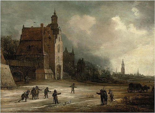 Soldiers playing skittles on a road by a manor house, a view of Breda beyond, 1650, Frans de Momper