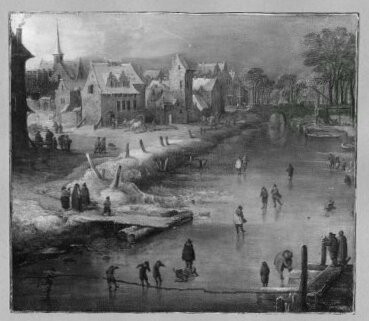 water - landscape skating people near a village, 1628, Frans de Momper