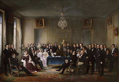 Andrieux faisant une lecture dans le foyer de la Comédie Française, 1850, François Joseph Heim