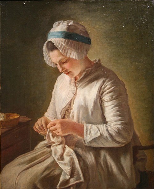 Jeune Femme à l'ouvrage ; dite autrefois La Tricoteuse., 1750, Françoise Duparc