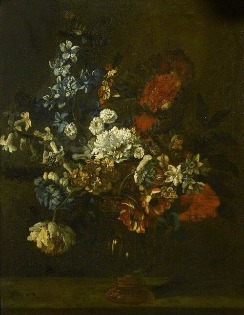 Still Life with Flowers in a Glass Vase upon a Stone Ledge, , Jean-Baptiste Monnoyer