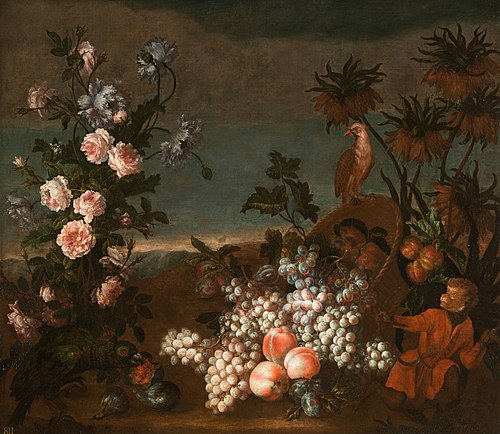 Still Life with Monkey, Flowers and Fruit, 1670, Jean-Baptiste Monnoyer