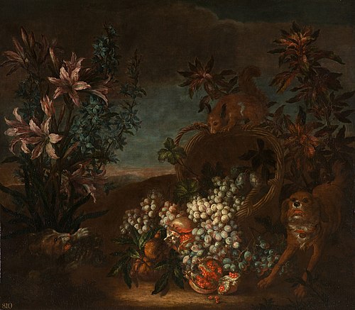 Still Life with Squirrel, Flowers and Fruit in a Landscape, 1670, Jean-Baptiste Monnoyer