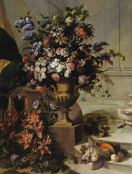 A Bouquet of Flowers In a Gilded Bronze Urn on a Porphyry Base In an Architectural Setting, 1665, Jean-Baptiste Monnoyer