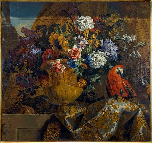 Vase d'or avec des fleurs et des perroquets, 1650, Jean-Baptiste Monnoyer