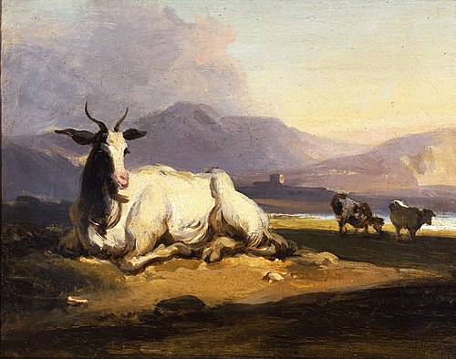 A goat sitting in a mountainous river landscape with cattle beyond, 1850, George Chinnery