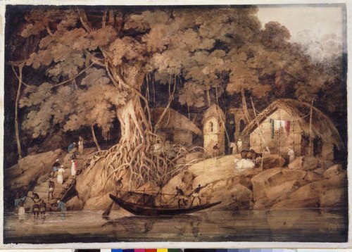 Indian river scene with men bathing, 1813, George Chinnery