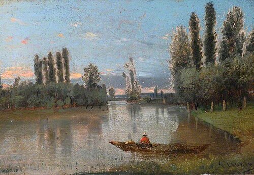River Scene with Poplars and a Boatman, , Frédéric Legrip