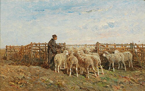 Abendliche Szene mit Schäfer und seiner Herde, 1892, Félix Brissot de Warville