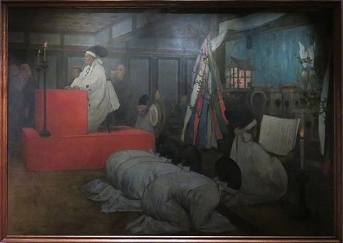Prédications et offrandes au temple de Tenmangu à Kyoto, 1877, Félix Régamey