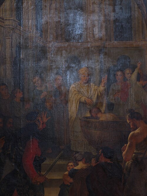 intrusion du roi Childéric d'Austrasie dans le baptistère où saint Léger baptiste Clovis, 1829, Gabriel-Christophe Guérin