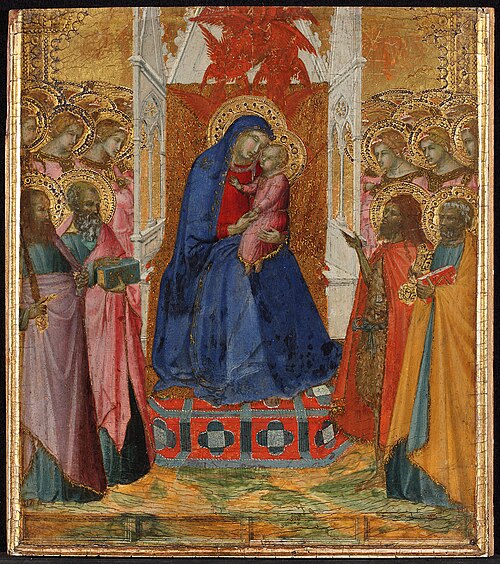 Thronende Maria mit dem Kind, anbetenden Engeln und den Heiligen Paulus, Johannes dem Evangelisten, , 1345, Pietro Lorenzetti
