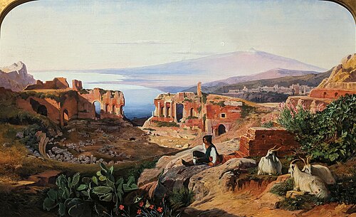 Vue de Taormine en Sicile avec l'Etna dans le lointain, 1852, Edward Lear