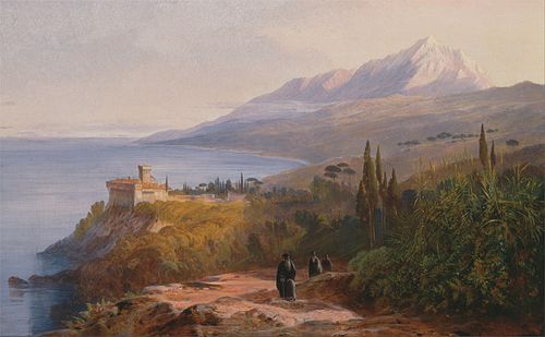 Mount Athos and the Monastery of Stavronikéte, 1857, Edward Lear