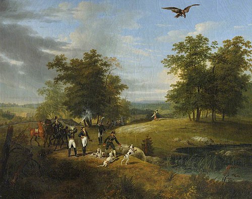 Charles Ferdinand d’Artois, Duc de Berry (1778-1820) shooting an Eagle in the Forest of Fontaineblea, 1818, Hippolyte Lecomte