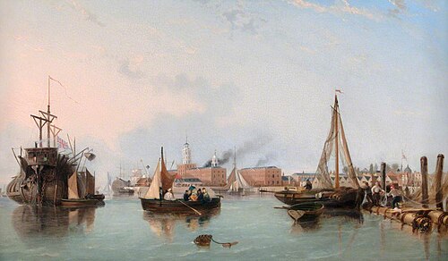 Entrance to Portsmouth Harbour with British Man of War, 1838, George Cole