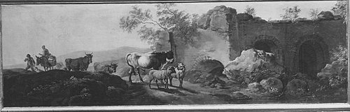 Landschaft mit Vieh und Ruinen (Supraporte), 1757, Georges-Frédéric Meyer