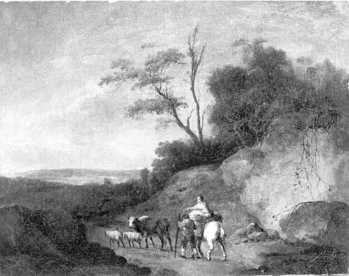 Landschaft mit Mann und Frau auf Schimmel, 1757, Georges-Frédéric Meyer