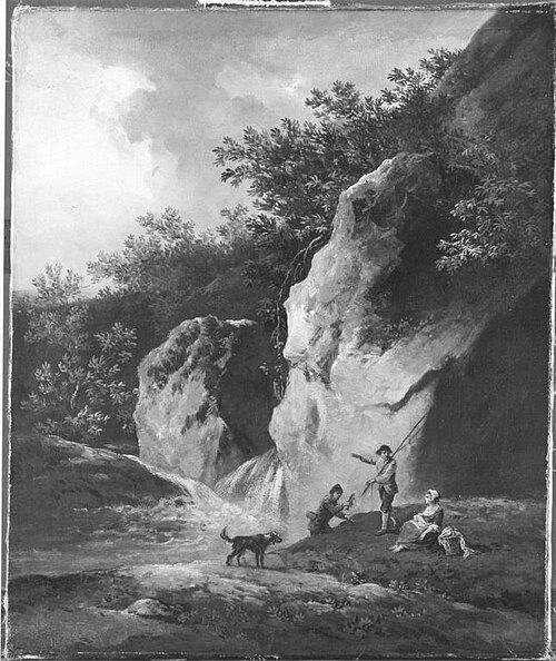 Zwei Fischer, ein Mädchen mit Hund an einem Gebirgswasserfall, 1757, Georges-Frédéric Meyer
