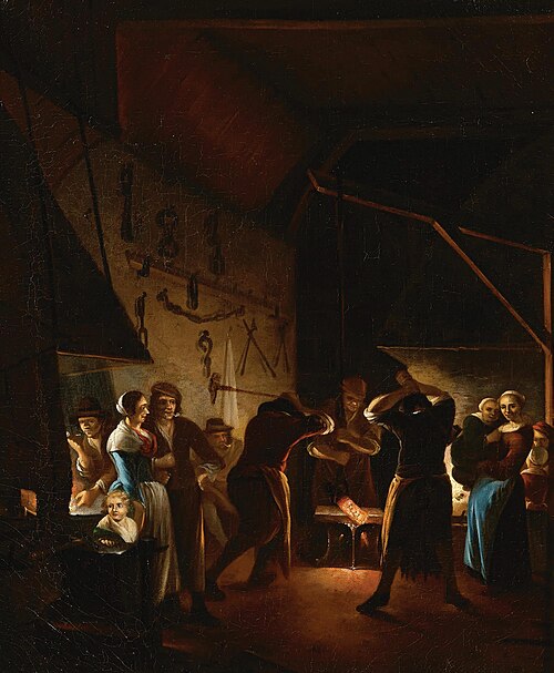 Two blacksmiths at work in a forge, , Gerrit Lundens