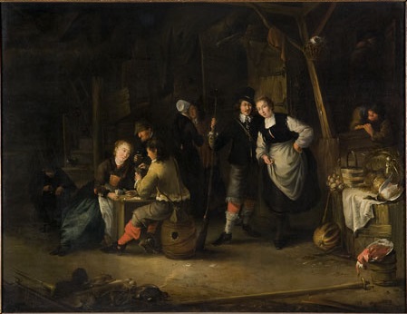 Interior of a inn with hunters and other figures, 1662, Gerrit Lundens