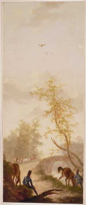 Kamerbehangsel met landschap met rustende soldaten bij een brug, 1798, Gerrit Malleyn