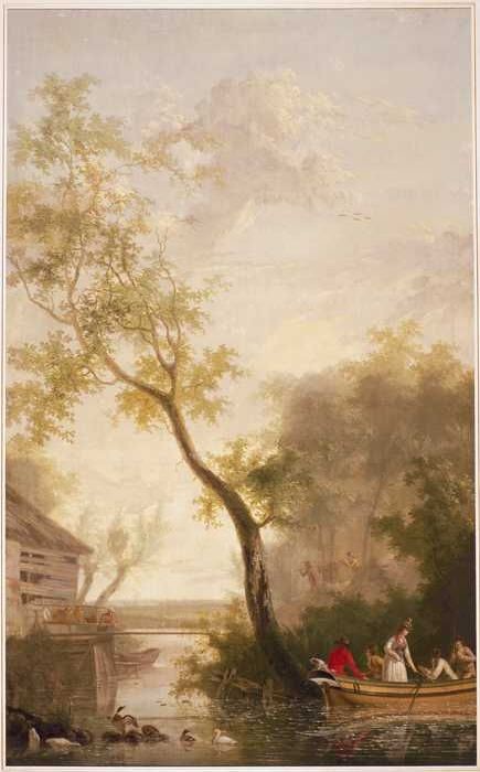 Kamerbehangsel met galant gezelschap in een roeiboot, 1798, Gerrit Malleyn