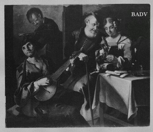 two musicians, young woman with dog, old man, 1689, Giacomo Francesco Cipper