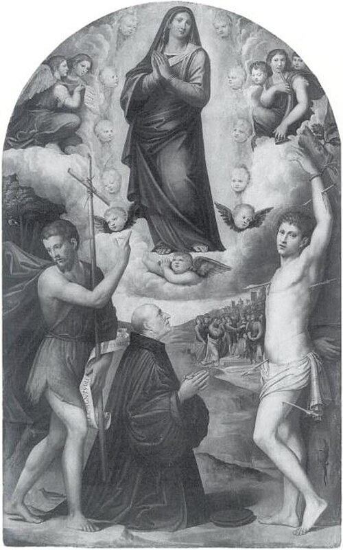 The Assumption of the Virgin with Saint John the Baptist, aint Sebastian and a Donor, 1530, Giacomo Raibolini