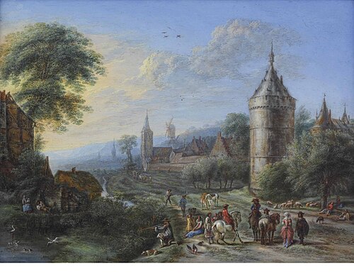 Village scene with cavaliers and elegant figures conversing in the foreground, 1676, Gillis Neyts