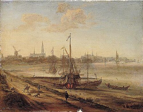 The estuary of the Schelde with a Mediterranean galley beached, and a distant view of Antwerp, 1650, Gillis Neyts
