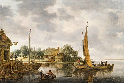 River landscape with a ferryboat, 1650, Gillis Peeters