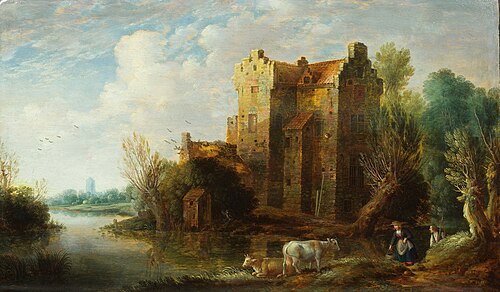 River landscape with a shepherdess, her cows and a hunter near a fortified house, 1650, Gillis Peeters
