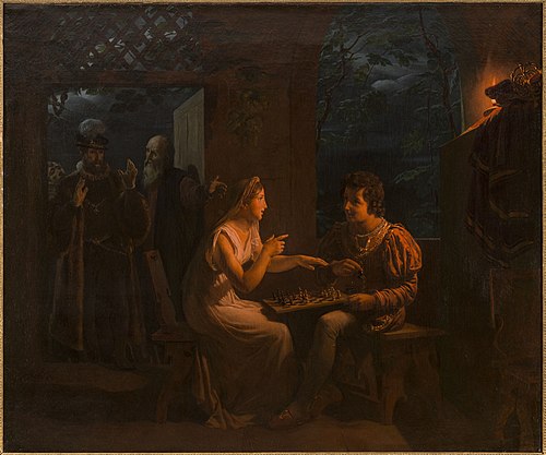 Miranda fait une partie d'échecs avec Ferdinand, qu'elle accuse, en plaisantant, de tricher, 1822, Gillot Saint-Evre