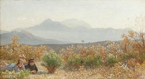 Two Figures Lying in Shrubby Moorland with Mountains in the Distance, , Giovanni Costa