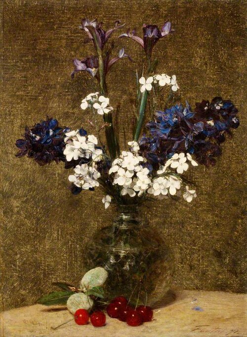 Flowers: Iris and Hyacinths, with Cherries and Almonds on the Table, 1871, Henri Fantin-Latour