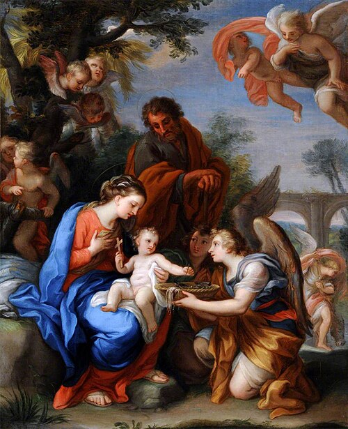 The Rest on the Flight into Egypt with Angels, one offering the Christ Child the Symbols of the Pass, 1675, Giuseppe Bartolomeo Chiari