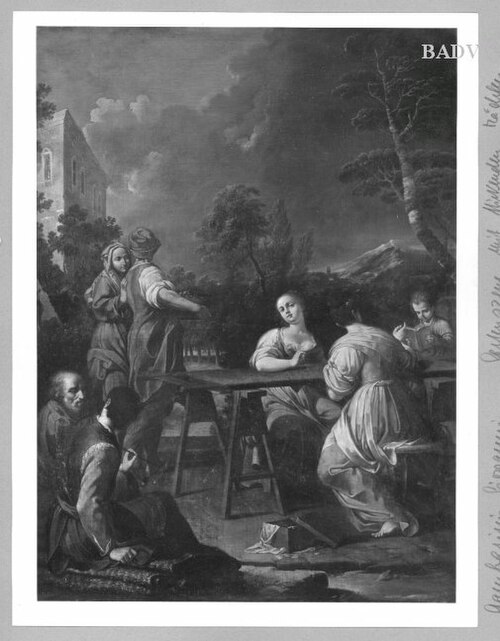 Rokokoszene mit Gobelinstickerinnen im Freien, 1705, Giuseppe Gambarini