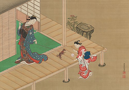 Courtesan and Attendant Playing with a Dog, 1726, Nishikawa Sukenobu