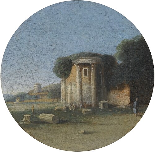 A landscape with figures before an ancient temple, , Goffredo Wals