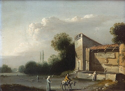 An Italianate landscape with a donkey rider and a woman doing the laundry by a fountain, , Goffredo Wals